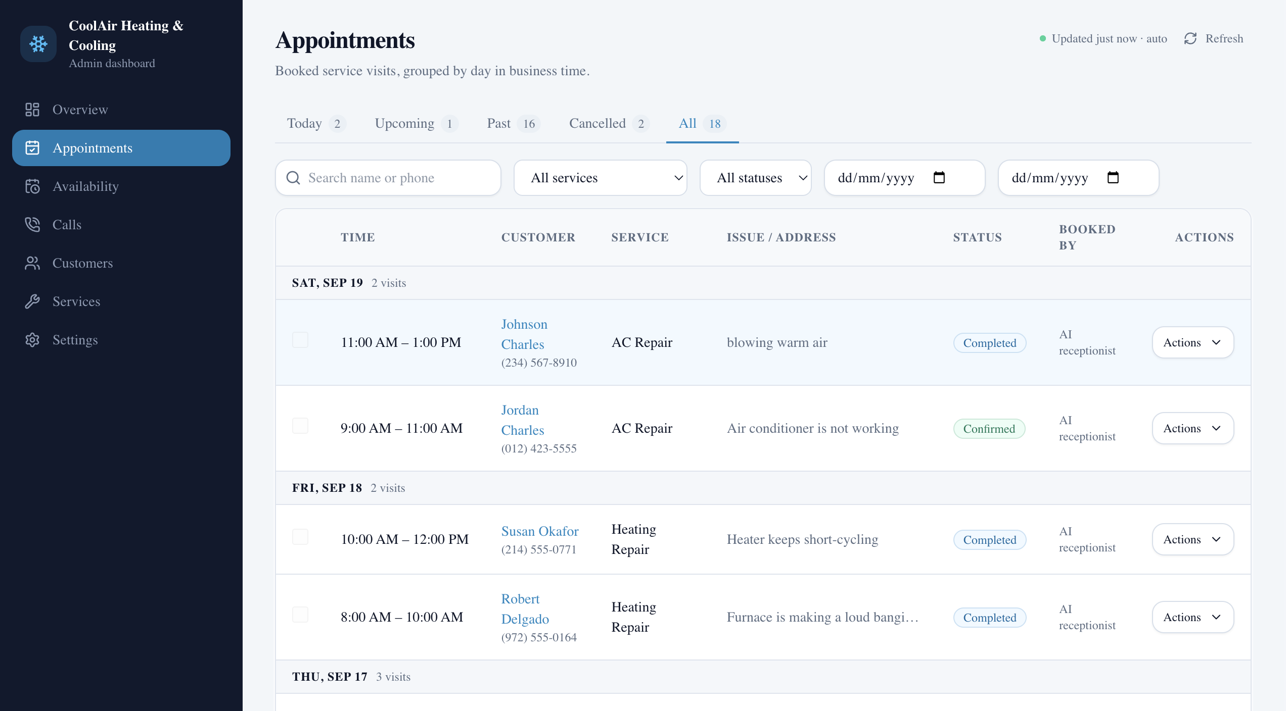 CoolAir Heating and Cooling appointments dashboard